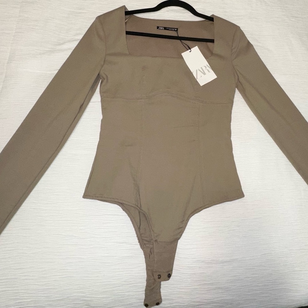 Zara Square Neck Long Sleeve Bodysuit in Beige